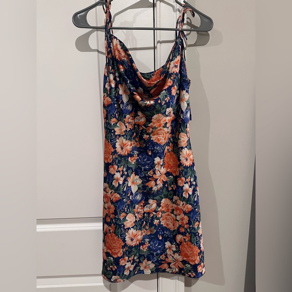 Lulu's Floral Cowl Neck Mini Dress - Navy and Coral